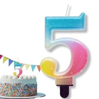 TĘCZOWA ŚWIECZKA CYFRA 5 KOLOROWA 8cm PASTELOWE OMBRE