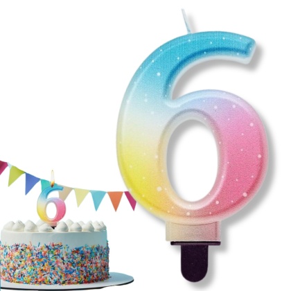 TĘCZOWA ŚWIECZKA CYFRA 6 KOLOROWA 8cm PASTELOWE OMBRE