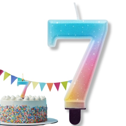 TĘCZOWA ŚWIECZKA CYFRA 7 KOLOROWA 8cm PASTELOWE OMBRE