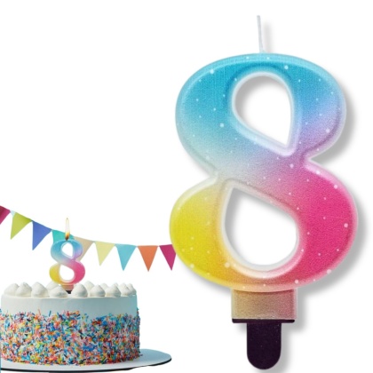 TĘCZOWA ŚWIECZKA CYFRA 8 KOLOROWA 8cm PASTELOWE OMBRE