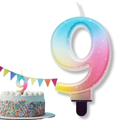 TĘCZOWA ŚWIECZKA CYFRA 9 KOLOROWA 8cm PASTELOWE OMBRE