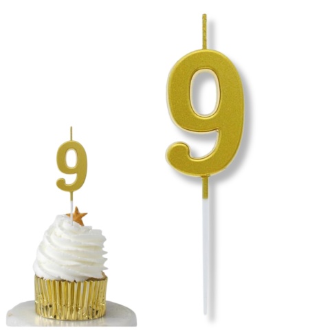 MAŁA ŚWIECZKA CYFRA 9 ZŁOTA 4cm METALICZNY ZŁOTY