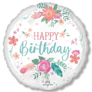 BALON URODZINOWY W KWIATY 43cm BALON Z NAPISEM HAPPY BIRTHDAY