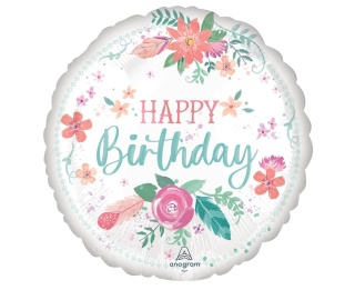 BALON URODZINOWY W KWIATY 43cm BALON Z NAPISEM HAPPY BIRTHDAY