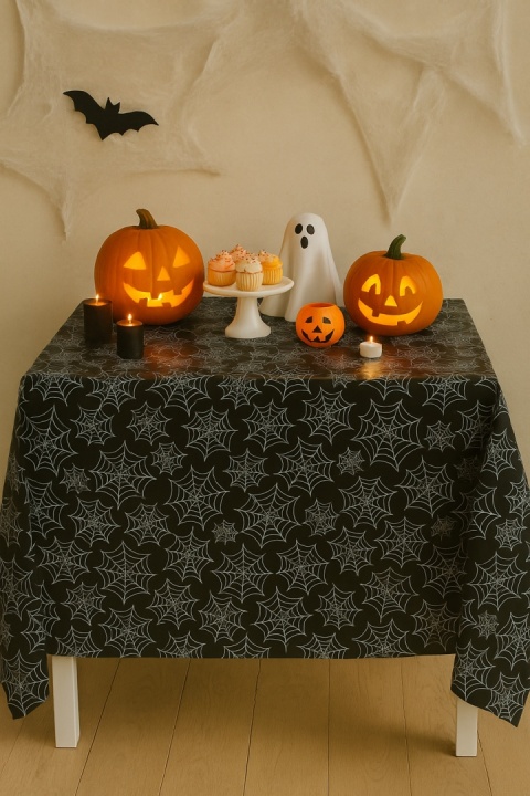 CZARNY OBRUS NA HALLOWEEN 137x274cm OBRUS PAJĘCZYNY I PAJĄKI
