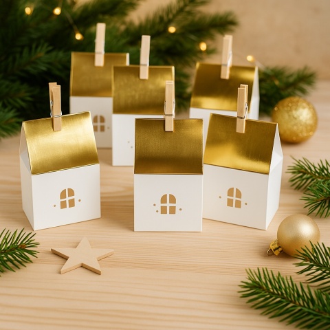 PUDEŁECZKA NA UPOMINKI PAPIEROWE DOMKI 5szt. KALENDARZ ADWENTOWY