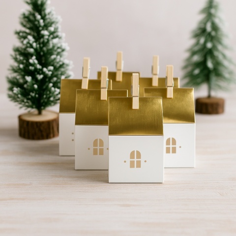 PUDEŁECZKA NA UPOMINKI PAPIEROWE DOMKI 5szt. KALENDARZ ADWENTOWY