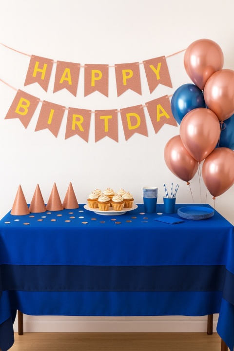 BANER URODZINOWY RÓŻOWE ZŁOTO GIRLANDA HAPPY BIRTHDAY ZŁOTY NAPIS