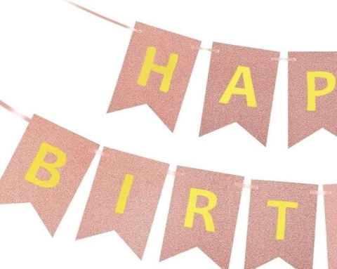 BANER URODZINOWY RÓŻOWE ZŁOTO GIRLANDA HAPPY BIRTHDAY ZŁOTY NAPIS