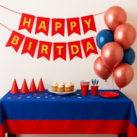 BANER URODZINOWY CZERWONY GIRLANDA HAPPY BIRTHDAY ZŁOTY NAPIS