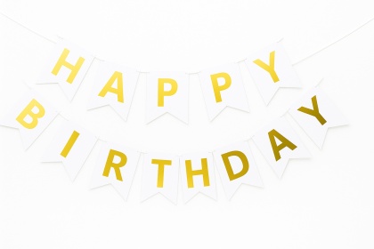 BANER URODZINOWY BIAŁY GIRLANDA HAPPY BIRTHDAY ZŁOTY NAPIS