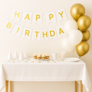 BANER URODZINOWY BIAŁY GIRLANDA HAPPY BIRTHDAY ZŁOTY NAPIS