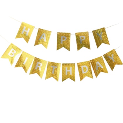 BANER URODZINOWY ZŁOTY HOLOGRAFICZNY GIRLANDA HAPPY BIRTHDAY SREBRNY NAPIS