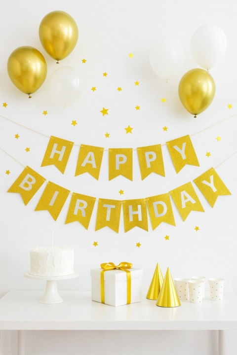 BANER URODZINOWY ZŁOTY HOLOGRAFICZNY GIRLANDA HAPPY BIRTHDAY SREBRNY NAPIS