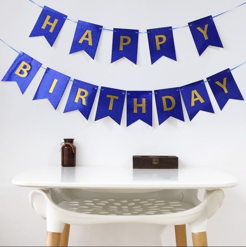 BANER URODZINOWY GRANATOWY HOLOGRAFICZNY GIRLANDA HAPPY BIRTHDAY ZŁOTY NAPIS