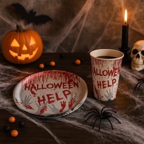 ZESTAW NA HALLOWEEN BLOOD TALERZYKI + KUBECZKI JEDNORAZOWE