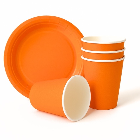 ZESTAW POMARAŃCZOWY TALERZYKI + KUBECZKI JEDNORAZOWE