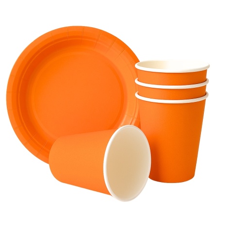 ZESTAW POMARAŃCZOWY TALERZYKI + KUBECZKI JEDNORAZOWE