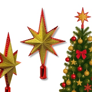 CZUBEK NA CHOINKĘ GWIAZDA 23cm CZERWONA ZE ZŁOTYM BROKATEM