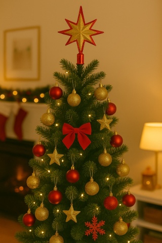 CZUBEK NA CHOINKĘ GWIAZDA 23cm CZERWONA ZE ZŁOTYM BROKATEM