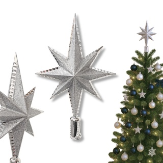 CZUBEK NA CHOINKĘ GWIAZDA 23cm SREBRNA ZE SREBRNYM BROKATEM