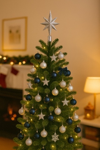 CZUBEK NA CHOINKĘ GWIAZDA 23cm SREBRNA ZE SREBRNYM BROKATEM