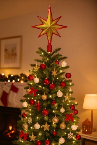 CZUBEK NA CHOINKĘ GWIAZDA 30cm CZERWONA ZE ZŁOTYM BROKATEM