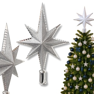 CZUBEK NA CHOINKĘ GWIAZDA 30cm SREBRNA ZE SREBRNYM BROKATEM