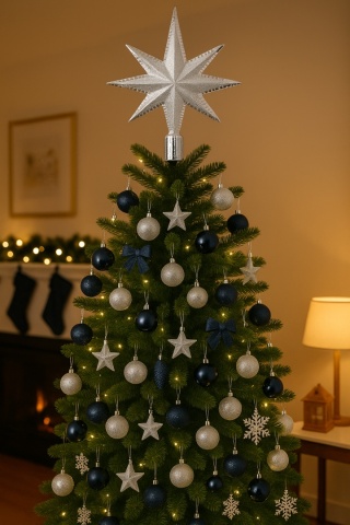 CZUBEK NA CHOINKĘ GWIAZDA 30cm SREBRNA ZE SREBRNYM BROKATEM