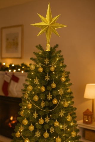 CZUBEK NA CHOINKĘ GWIAZDA 30cm ZŁOTA ZE ZŁOTYM BROKATEM