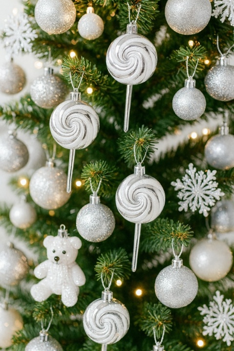 SREBRNE LIZAKI CUKIERKI ZAWIESZKI NA CHOINKĘ 4szt.