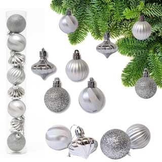 SREBRNE BOMBKI 11szt. ZESTAW BOMBEK 4cm MIX KSZTAŁTÓW