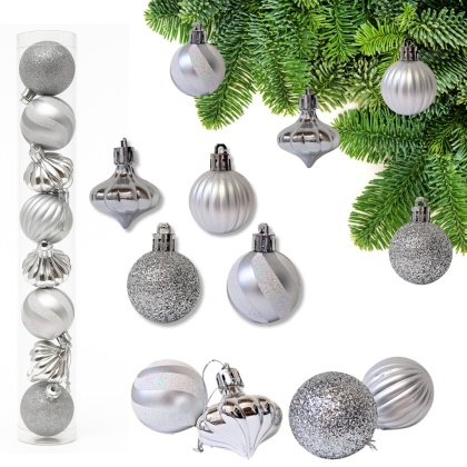 SREBRNE BOMBKI 11szt. ZESTAW BOMBEK 4cm MIX KSZTAŁTÓW