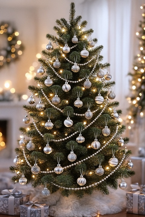 SREBRNE BOMBKI 11szt. ZESTAW BOMBEK 4cm MIX KSZTAŁTÓW