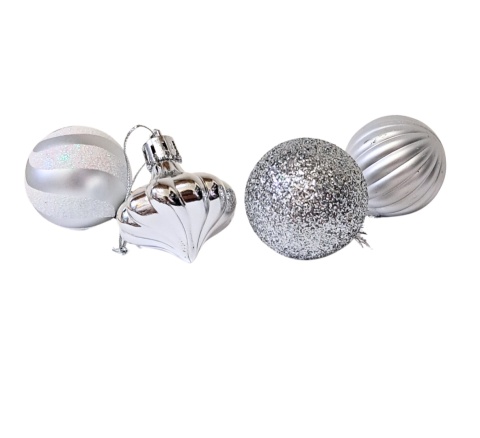 SREBRNE BOMBKI 11szt. ZESTAW BOMBEK 4cm MIX KSZTAŁTÓW