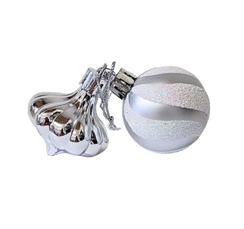 SREBRNE BOMBKI 11szt. ZESTAW BOMBEK 4cm MIX KSZTAŁTÓW