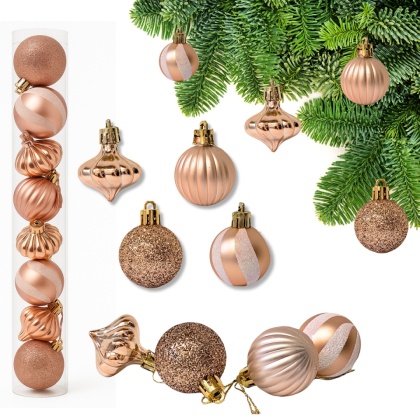 BOMBKI RÓŻOWE ZŁOTO 11szt. ZESTAW BOMBEK 4cm MIX KSZTAŁTÓW