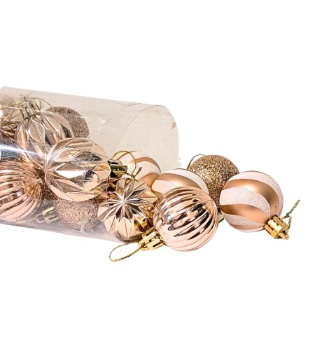 BOMBKI RÓŻOWE ZŁOTO 24szt. ZESTAW BOMBEK 4cm MIX KSZTAŁTÓW