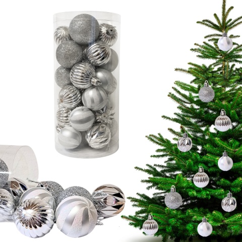 SREBRNE BOMBKI 24szt. ZESTAW BOMBEK 4cm MIX KSZTAŁTÓW
