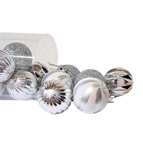 SREBRNE BOMBKI 24szt. ZESTAW BOMBEK 4cm MIX KSZTAŁTÓW