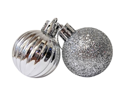 SREBRNE BOMBKI 24szt. ZESTAW BOMBEK 4cm MIX KSZTAŁTÓW