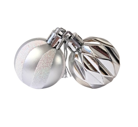 SREBRNE BOMBKI 24szt. ZESTAW BOMBEK 4cm MIX KSZTAŁTÓW