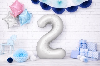 BALON FOLIOWY CYFRA 2 SREBRNA SATYNOWA DUŻA 86cm URODZINY ROCZNICA