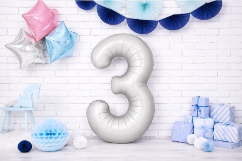 BALON FOLIOWY CYFRA 3 SREBRNA SATYNOWA DUŻA 86cm URODZINY ROCZNICA