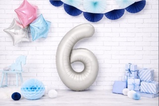 BALON FOLIOWY CYFRA 6 SREBRNA SATYNOWA DUŻA 86cm URODZINY ROCZNICA