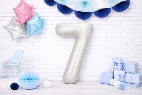 BALON FOLIOWY CYFRA 7 SREBRNA SATYNOWA DUŻA 86cm URODZINY ROCZNICA