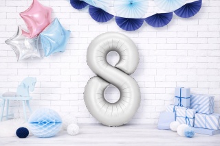 BALON FOLIOWY CYFRA 8 SREBRNA SATYNOWA DUŻA 86cm URODZINY ROCZNICA