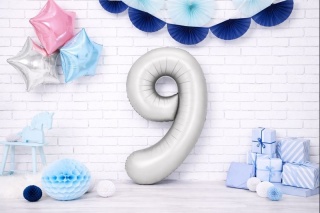 BALON FOLIOWY CYFRA 9 SREBRNA SATYNOWA DUŻA 86cm URODZINY ROCZNICA