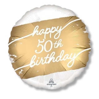 BALON FOLIOWY HAPPY 50th BIRTHDAY BIAŁO-ZŁOTY 45cm BALON NA 50 NA URODZINY