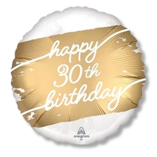 BALON FOLIOWY HAPPY 30th BIRTHDAY BIAŁO-ZŁOTY 45cm BALON NA 30 NA URODZINY